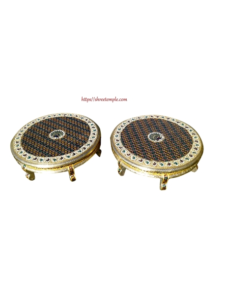 Handicraft Wooden Chowki Round Puja Bajot Stool